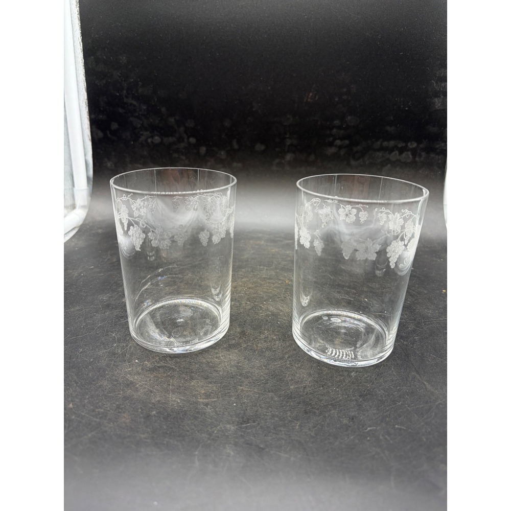 Vintage Etched Grape Vine Juice Glasses Clear Glass Tumblers Set of 2